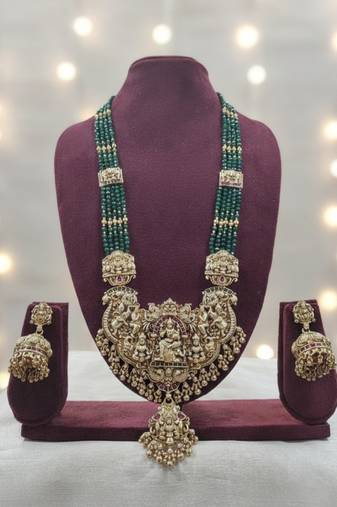 Royal temple lakshmi gold-plated bridal haram necklace set with jhumka earrings, green beads, traditional jewelry