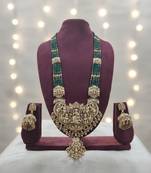 Royal temple lakshmi gold-plated bridal haram necklace set with jhumka earrings, green beads, traditional jewelry