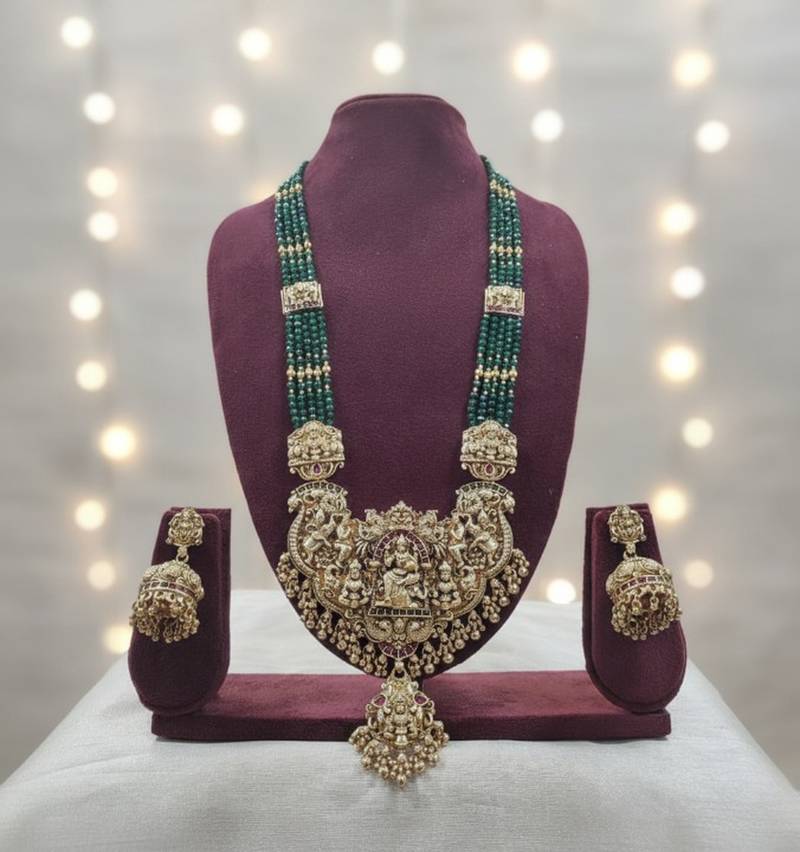 Royal temple lakshmi gold-plated bridal haram necklace set with jhumka earrings, green beads, traditional jewelry