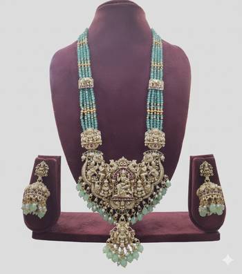 Antique gold-plated temple lakshmi haram Necklace :: set with green beads & jhumka earrings 1
