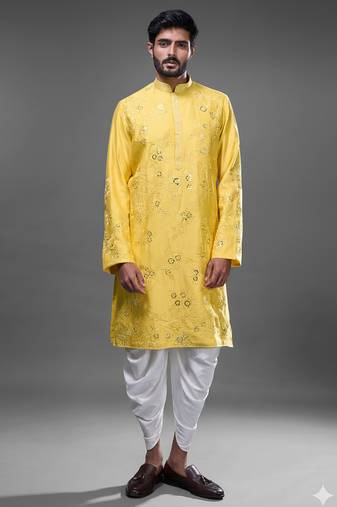 Yellow silk kurta patiala for men's