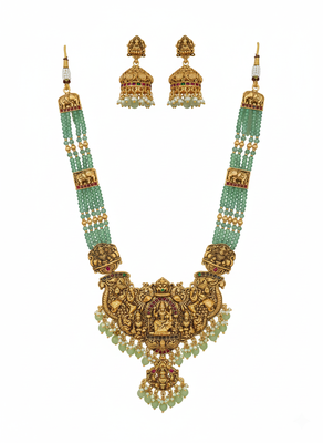 Antique gold-plated temple lakshmi haram Necklace :: set with green beads & jhumka earrings 2
