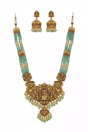 Antique gold-plated temple lakshmi haram Necklace :: set with green beads & jhumka earrings