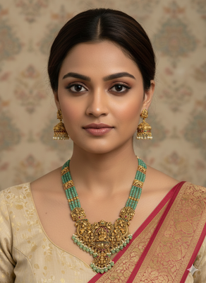 Antique gold-plated temple lakshmi haram Necklace :: set with green beads & jhumka earrings 3