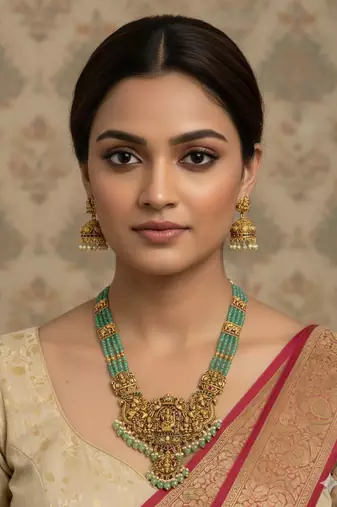Antique gold-plated temple lakshmi haram Necklace :: set with green beads & jhumka earrings