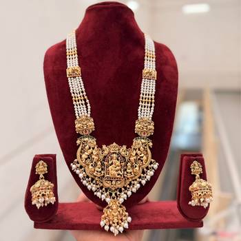 Antique gold-plated temple lakshmi haram Necklace :: set with white beads & jhumka earrings 2