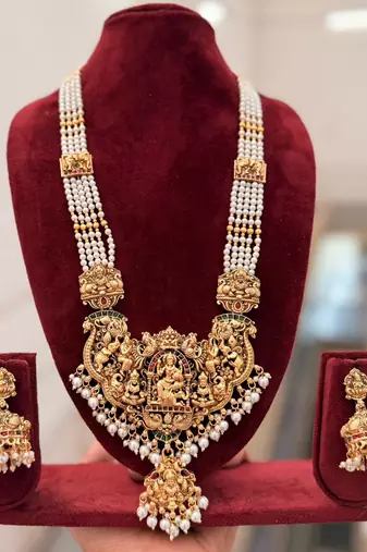 Antique gold-plated temple lakshmi haram Necklace :: set with white beads & jhumka earrings
