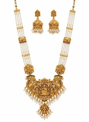 Antique gold-plated temple lakshmi haram Necklace :: set with white beads & jhumka earrings 3