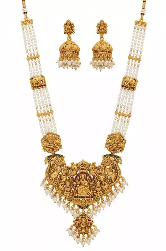 Antique gold-plated temple lakshmi haram Necklace :: set with white beads & jhumka earrings