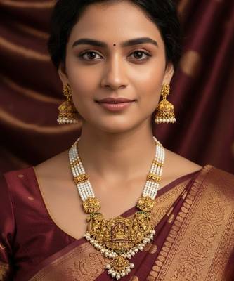 Antique gold-plated temple lakshmi haram Necklace :: set with white beads & jhumka earrings 4