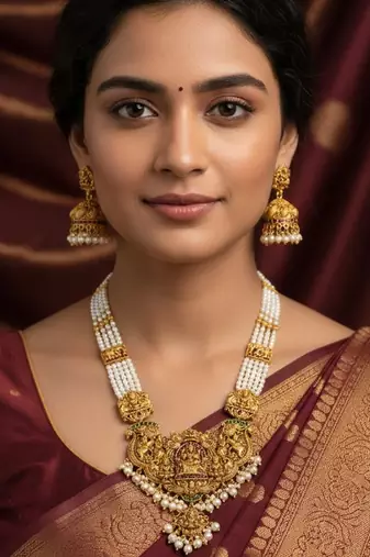 Antique gold-plated temple lakshmi haram Necklace :: set with white beads & jhumka earrings