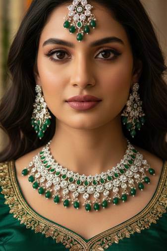 Royal green stone bridal necklace set for women | traditional gold-plated ethnic indian jewelry