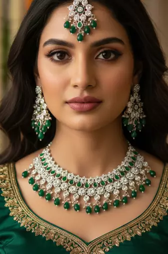 Royal green stone bridal necklace set for women | traditional gold-plated ethnic indian jewelry