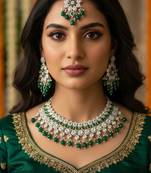Royal green stone bridal necklace set for women | traditional gold-plated ethnic indian jewelry
