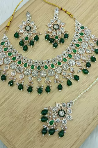 Royal green stone bridal Necklace :: set for women | traditional gold-plated ethnic indian jewelry