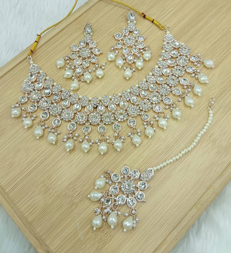 White stone bridal necklace set for women | traditional gold-plated ethnic indian jewelry