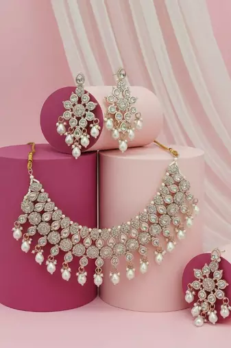 White stone bridal Necklace :: set for women | traditional gold-plated ethnic indian jewelry