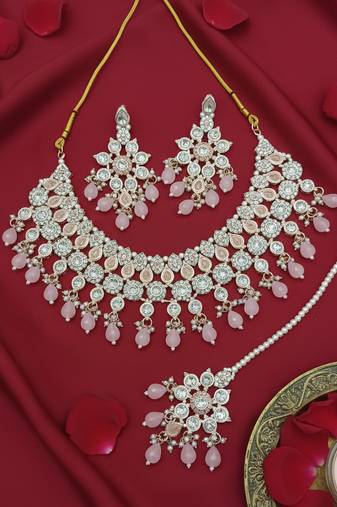 Pink stone bridal necklace set for women | traditional gold-plated ethnic indian jewelry