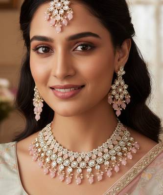 Pink stone bridal Necklace :: set for women | traditional gold-plated ethnic indian jewelry 2