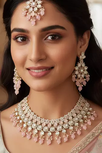 Pink stone bridal Necklace :: set for women | traditional gold-plated ethnic indian jewelry
