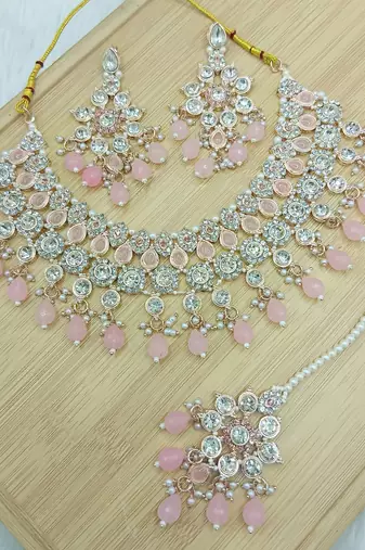 Pink stone bridal Necklace :: set for women | traditional gold-plated ethnic indian jewelry