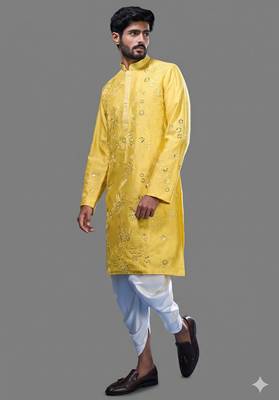 Yellow silk kurta patiala for men's 4