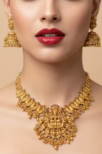 Antique gold plated temple necklace set lakshmi peacock motif ethnic bridal jewelry