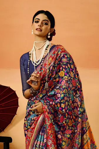 Blue Pashmina Cotton Silk Saree With Diaphanous Saree With Blouse For Women