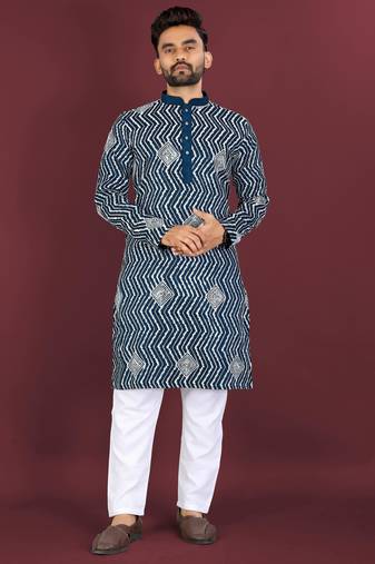 Teal sequence work soft silk straight kurta pyjama