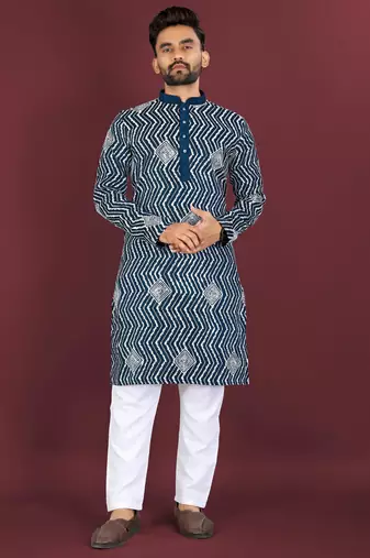 Teal sequence work soft silk straight kurta pyjama