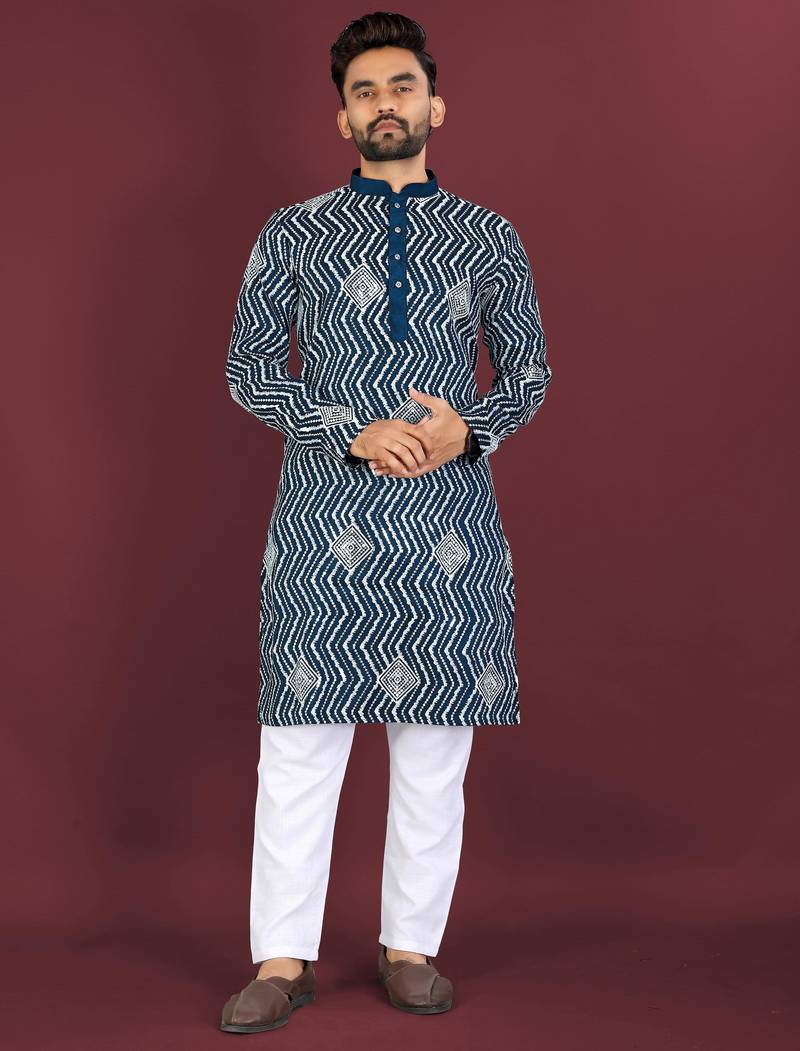 Teal sequence work soft silk straight kurta pyjama