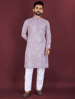 Purple sequence work soft silk straight kurta pyjama 1