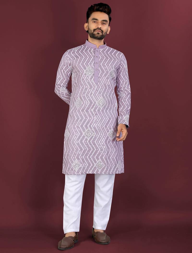 Purple sequence work soft silk straight kurta pyjama