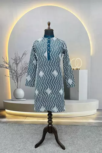 Teal sequence work soft silk straight kurta pyjama