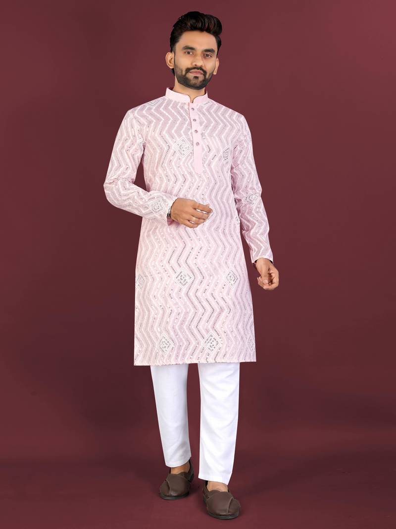 Pink blue sequence work soft silk straight kurta pyjama