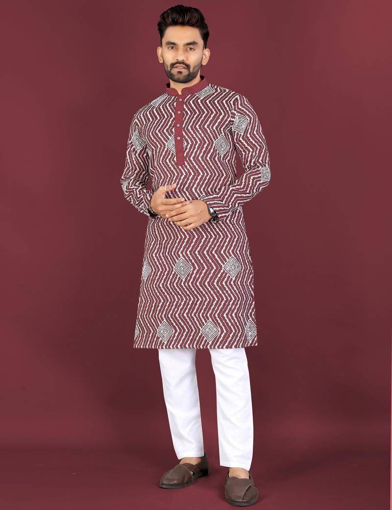 Maroon sequence work soft silk straight kurta pyjama