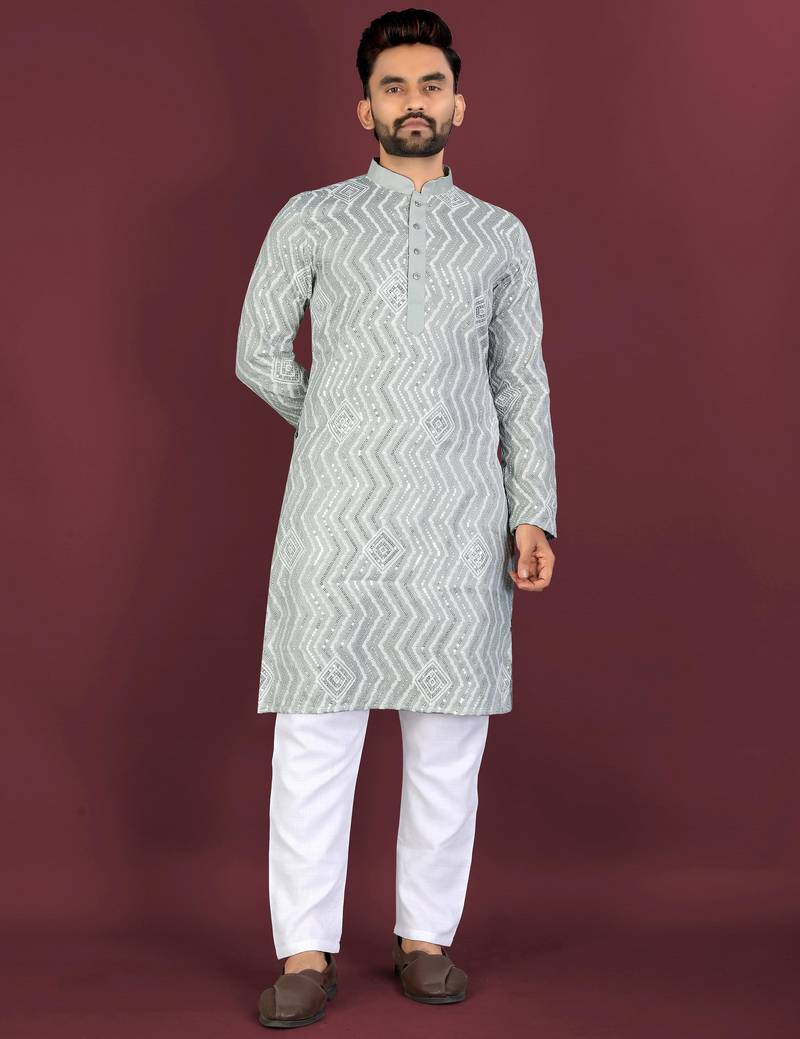 Light green sequence work soft silk straight kurta pyjama