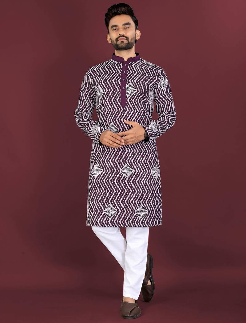 Wine sequence work soft silk straight kurta pyjama