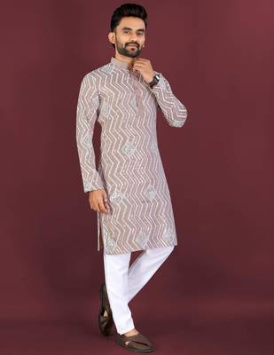 Brown sequence work soft silk straight kurta pyjama 1