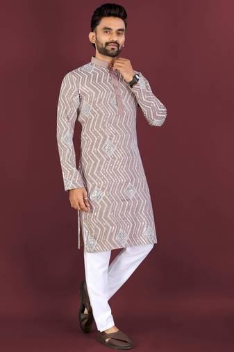 Brown sequence work soft silk straight kurta pyjama