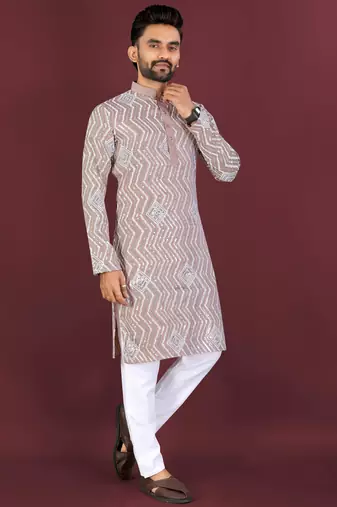 Brown sequence work soft silk straight kurta pyjama
