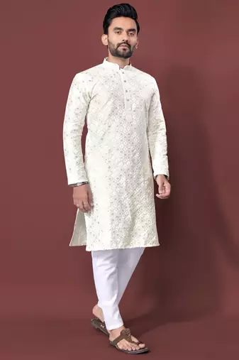 White sequence work soft silk straight kurta pyjama