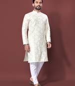 White sequence work soft silk straight kurta pyjama