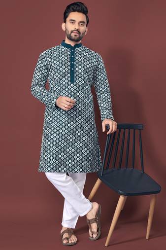 Teal sequence work soft silk straight kurta pyjama