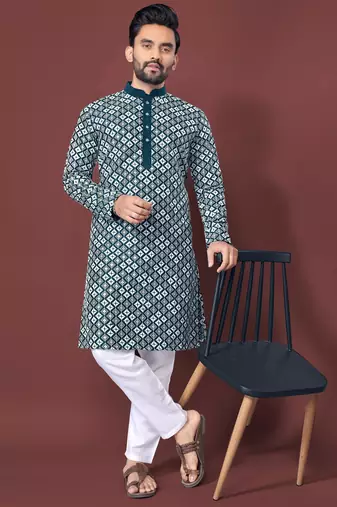 Teal sequence work soft silk straight kurta pyjama