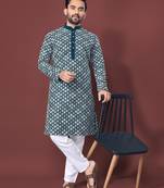 Teal sequence work soft silk straight kurta pyjama