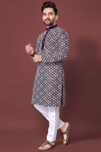 Purple blue sequence work soft silk straight kurta pyjama