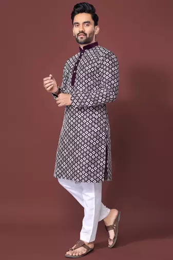 Purple blue sequence work soft silk straight kurta pyjama