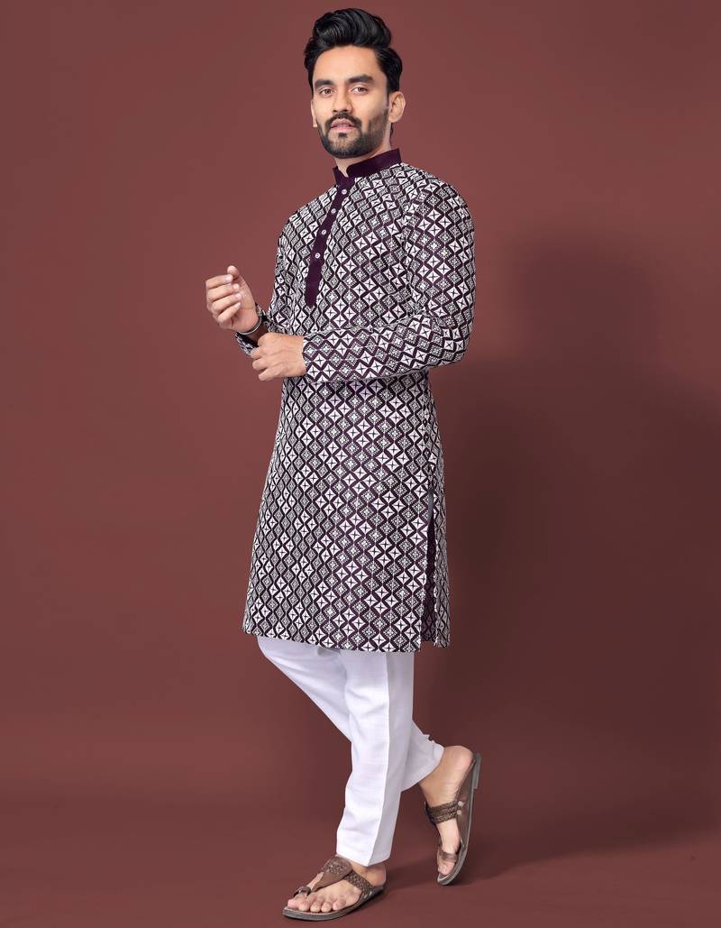 Purple blue sequence work soft silk straight kurta pyjama