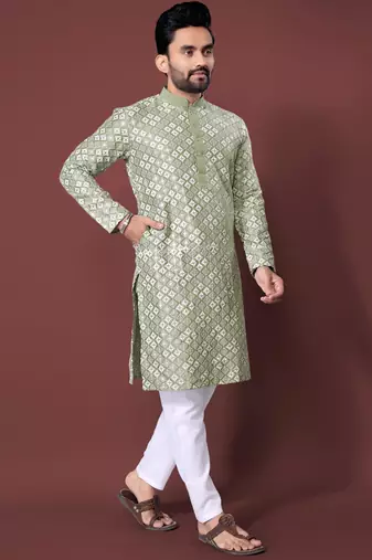 Olive sequence work soft silk straight kurta pyjama